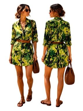 Tropical Shirt Dress Cover Up | Womens Medium | Colorful Poolside Resortwear